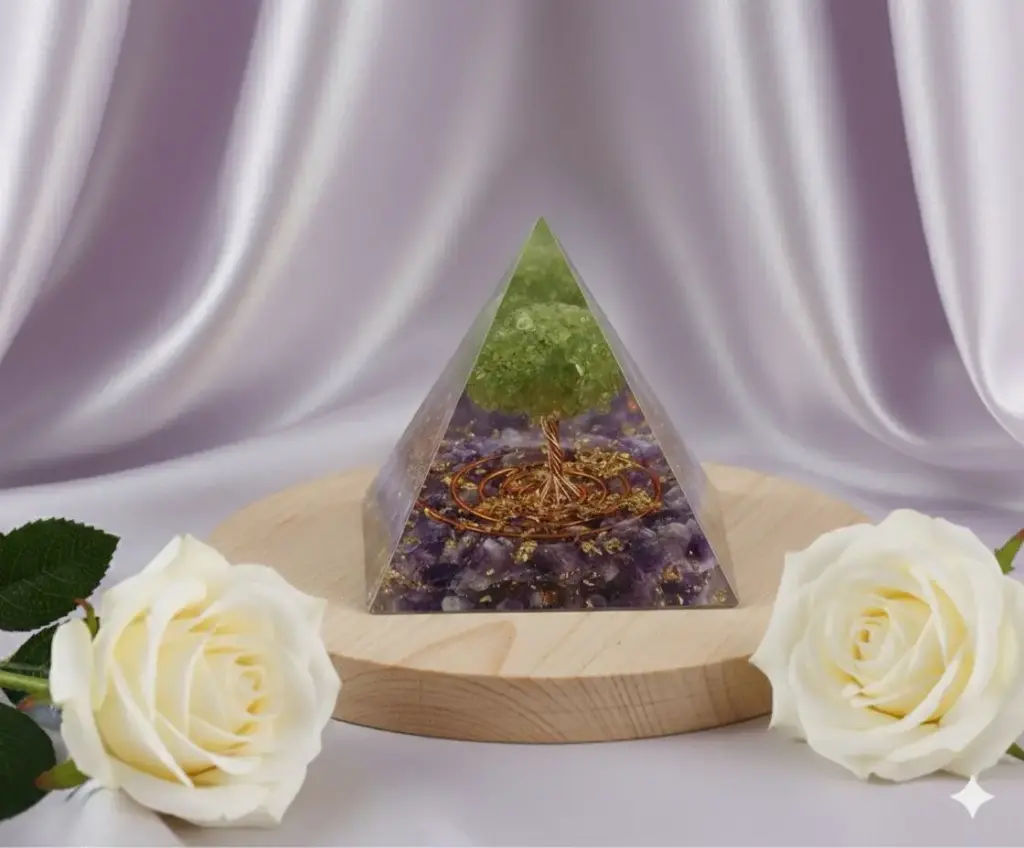 Amethyst orgone pyramid with peridot tree