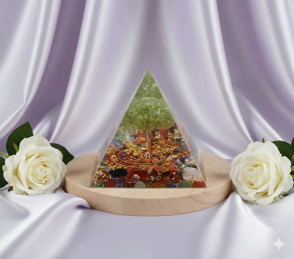 Seven chakra orgone pyramid with peridot tree