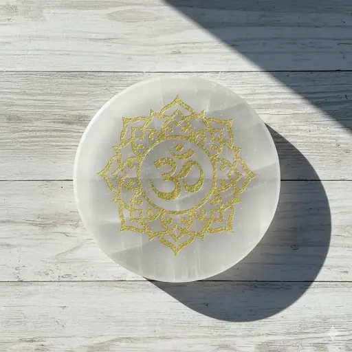 Om Symbolic Selenite Charging Plate