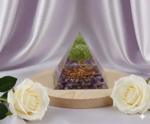 Amethyst orgone pyramid with peridot tree